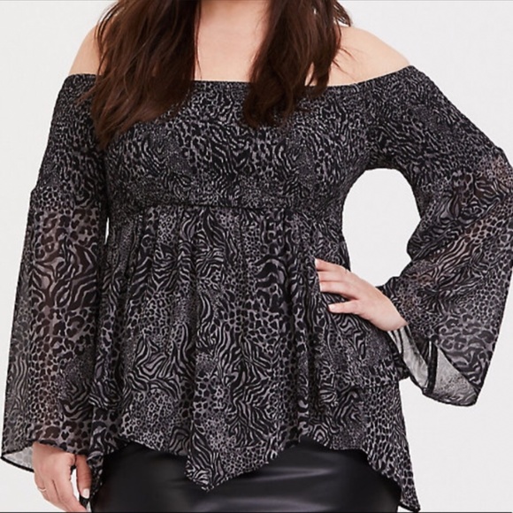 torrid Tops - Torrid Animal Print Off Shoulder Babydoll Top Women’s Black Gray Sheer Size 3